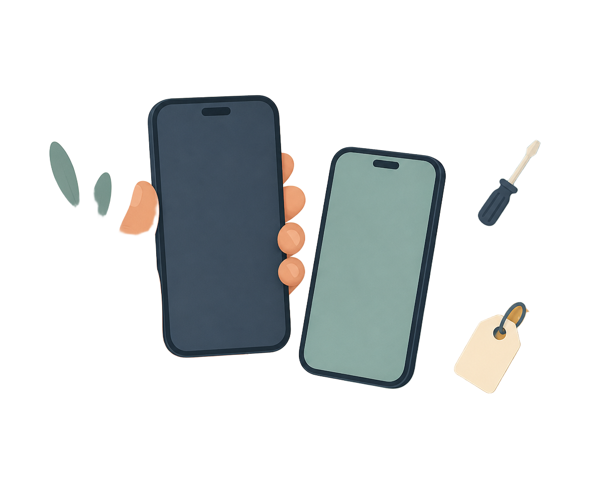 Ilustracja telefonów i narzędzi serwisowych